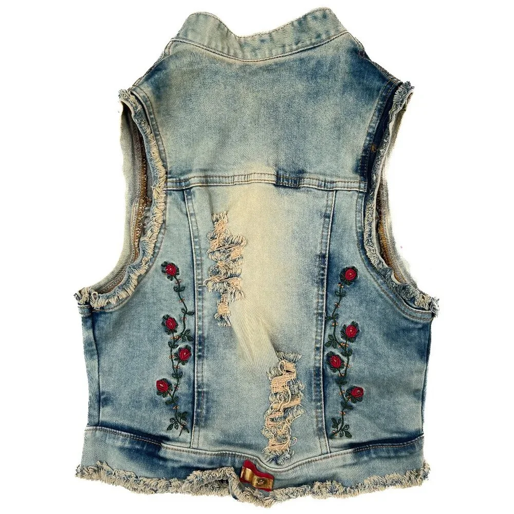 '90s Vintage Acid-Wash‎ Rose Embroidered Destroyed Goth Grunge Denim Vest Size 6
